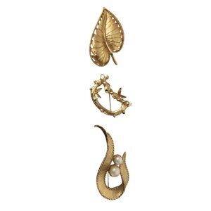 Set Of 3 Sarah Coventry and BSK Gold-Tone Brooches With Pearl Accents & Nature-I